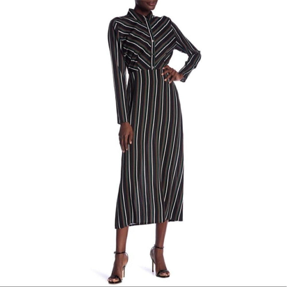 Abound Women's Size Large Button Front Maxi Dress Black Brown Spice Stripes Long